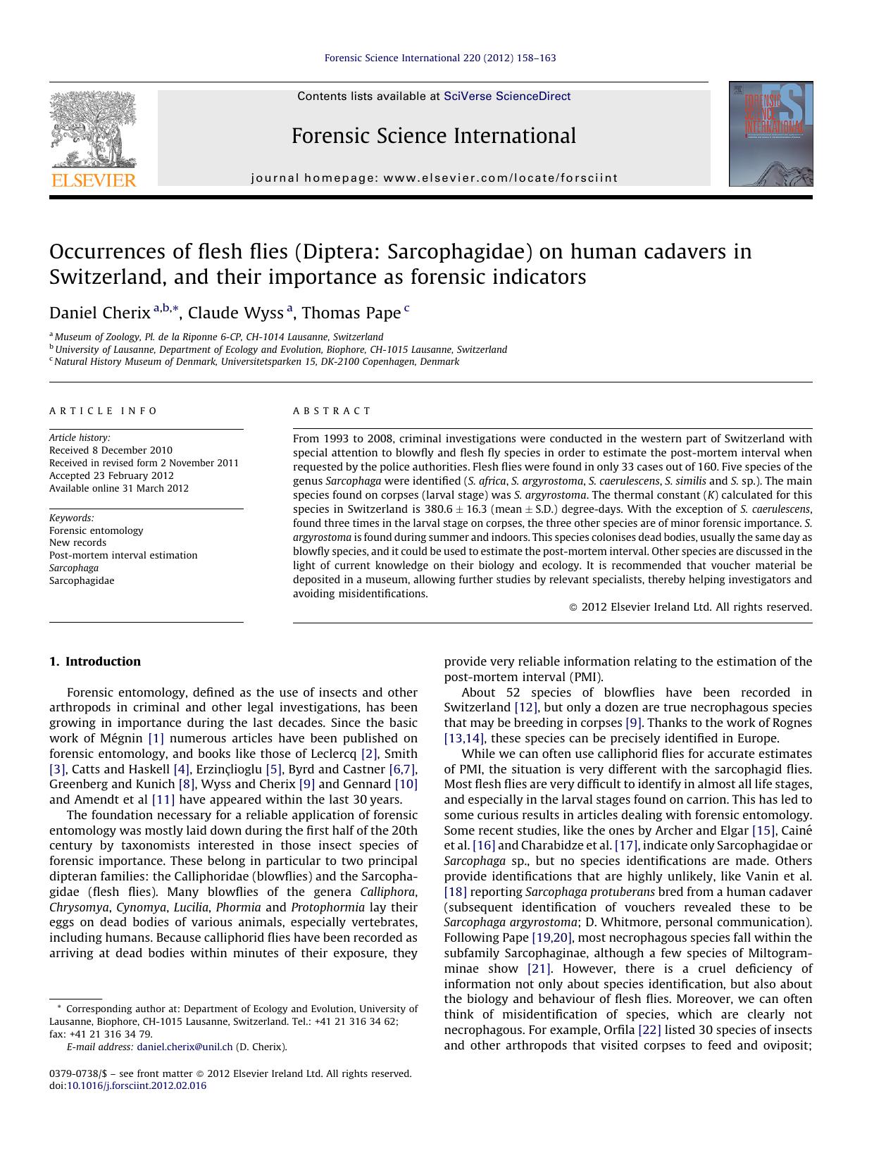 Occurrences of flesh flies (Diptera: Sarcophagidae) on human cadavers in Switzerland, and their importance as forensic indicators by Daniel Cherix