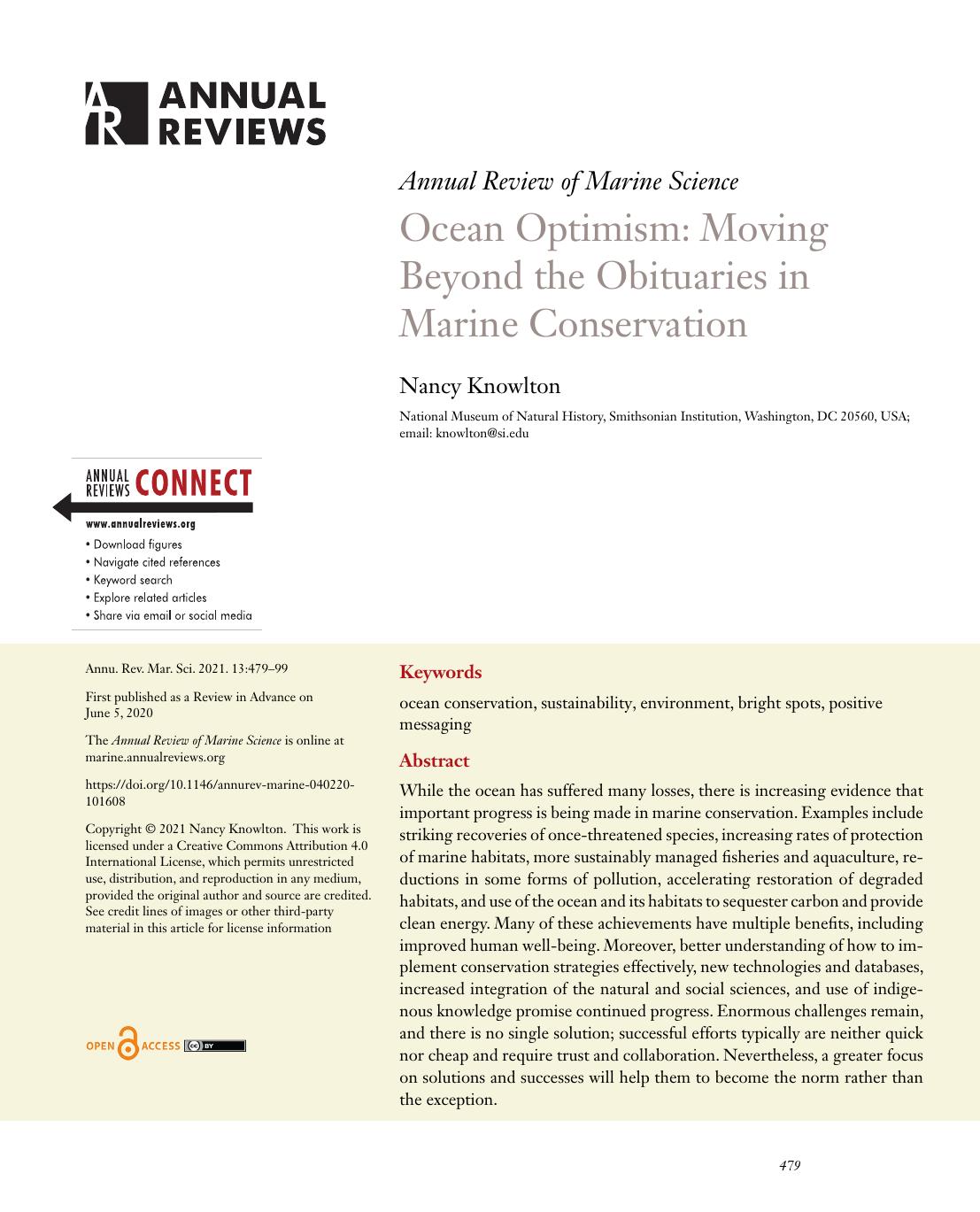 Ocean Optimism: Moving Beyond the Obituaries in Marine Conservation by Nancy Knowlton