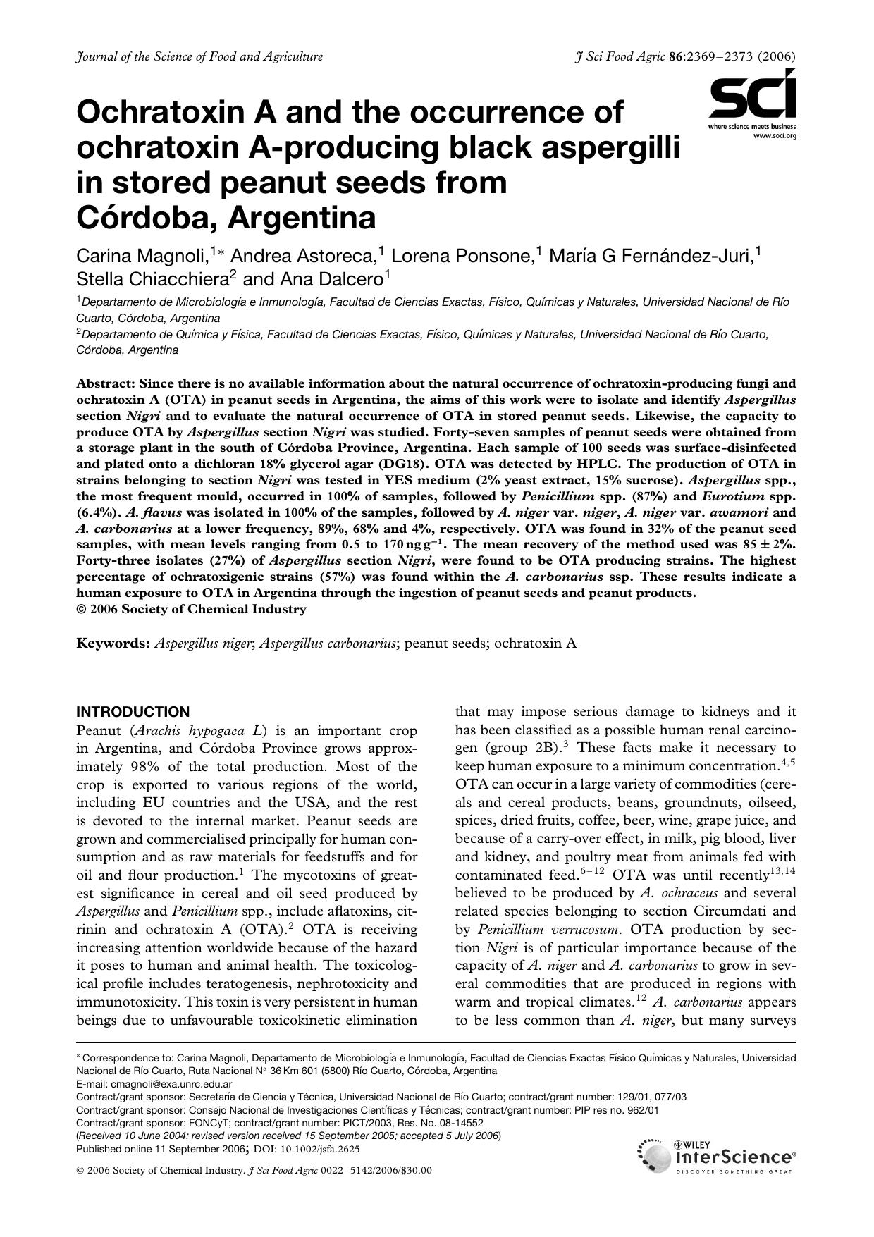Ochratoxin A and the occurrence of ochratoxin A-producing black aspergilli in stored peanut seeds from CÃ³rdoba, Argentina by Unknown