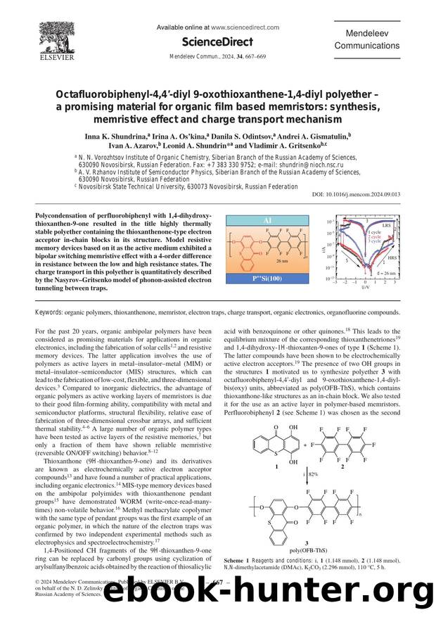 Octafluorobiphenyl-4,4â-diyl 9-oxothioxanthene-1,4-diyl polyether â a promising material for organic film based memristors: synthesis, memristive effect and charge transport mechanism by unknow