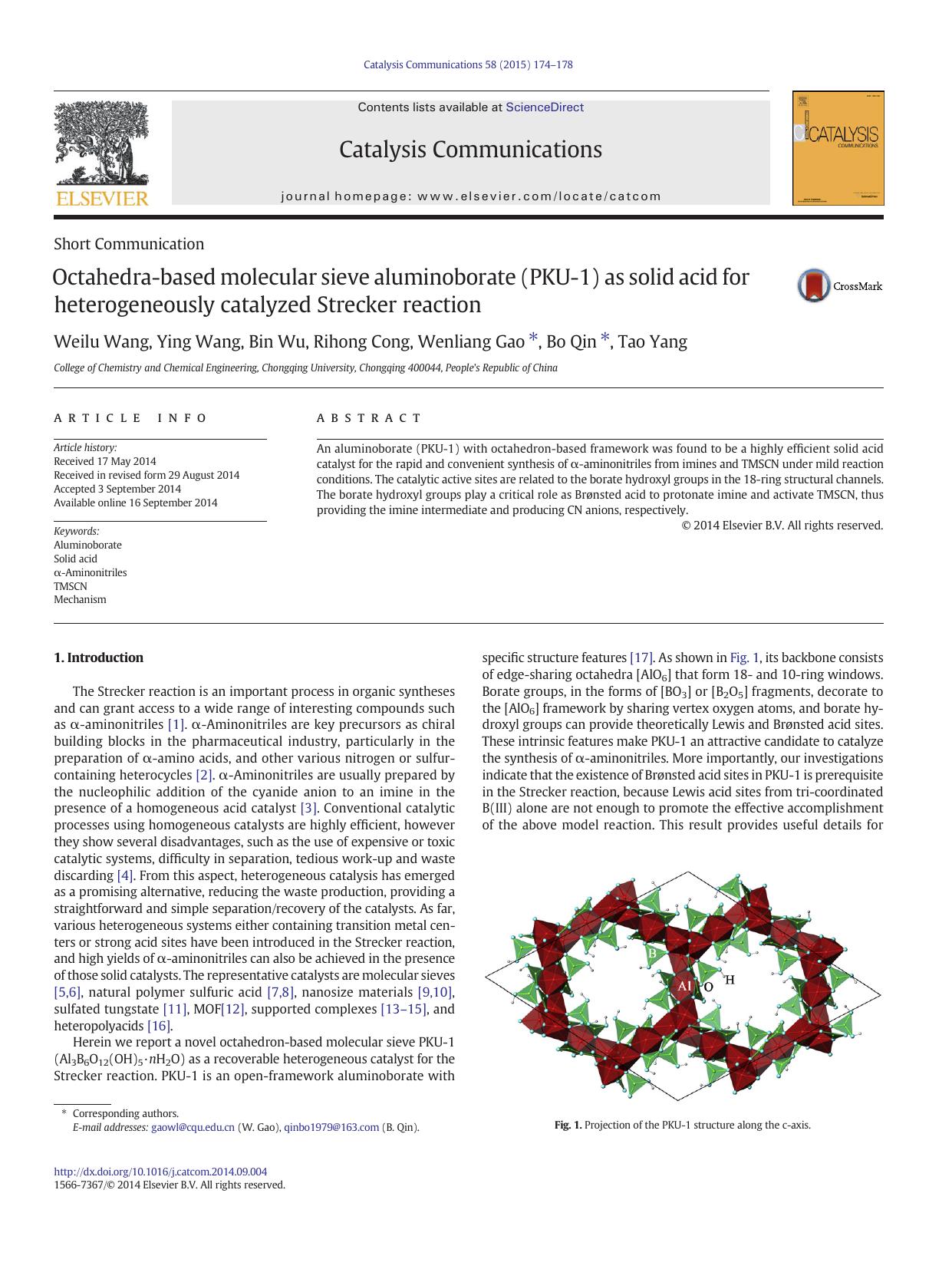 Octahedra-based molecular sieve aluminoborate (PKU-1) as solid acid for heterogeneously catalyzed Strecker reaction by Weilu Wang & Ying Wang & Bin Wu & Rihong Cong & Wenliang Gao & Bo Qin & Tao Yang