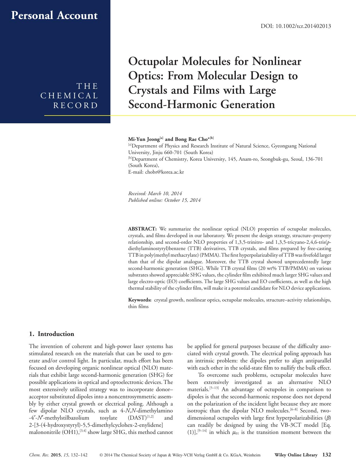 Octupolar Molecules for Nonlinear Optics: From Molecular Design to Crystals and Films with Large SecondHarmonic Generation by Unknown