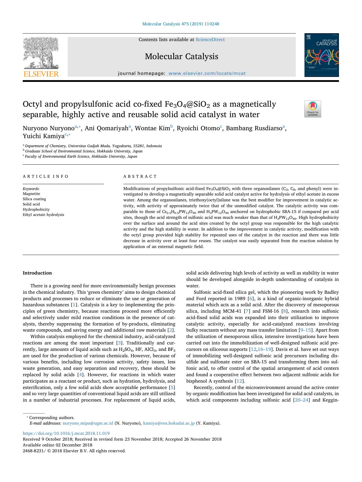 Octyl and propylsulfonic acid co-fixed Fe3O4@SiO2 as a magnetically separable, highly active and reusable solid acid catalyst in water by Nuryono Nuryono & Ani Qomariyah & Wontae Kim & Ryoichi Otomo & Bambang Rusdiarso & Yuichi Kamiya