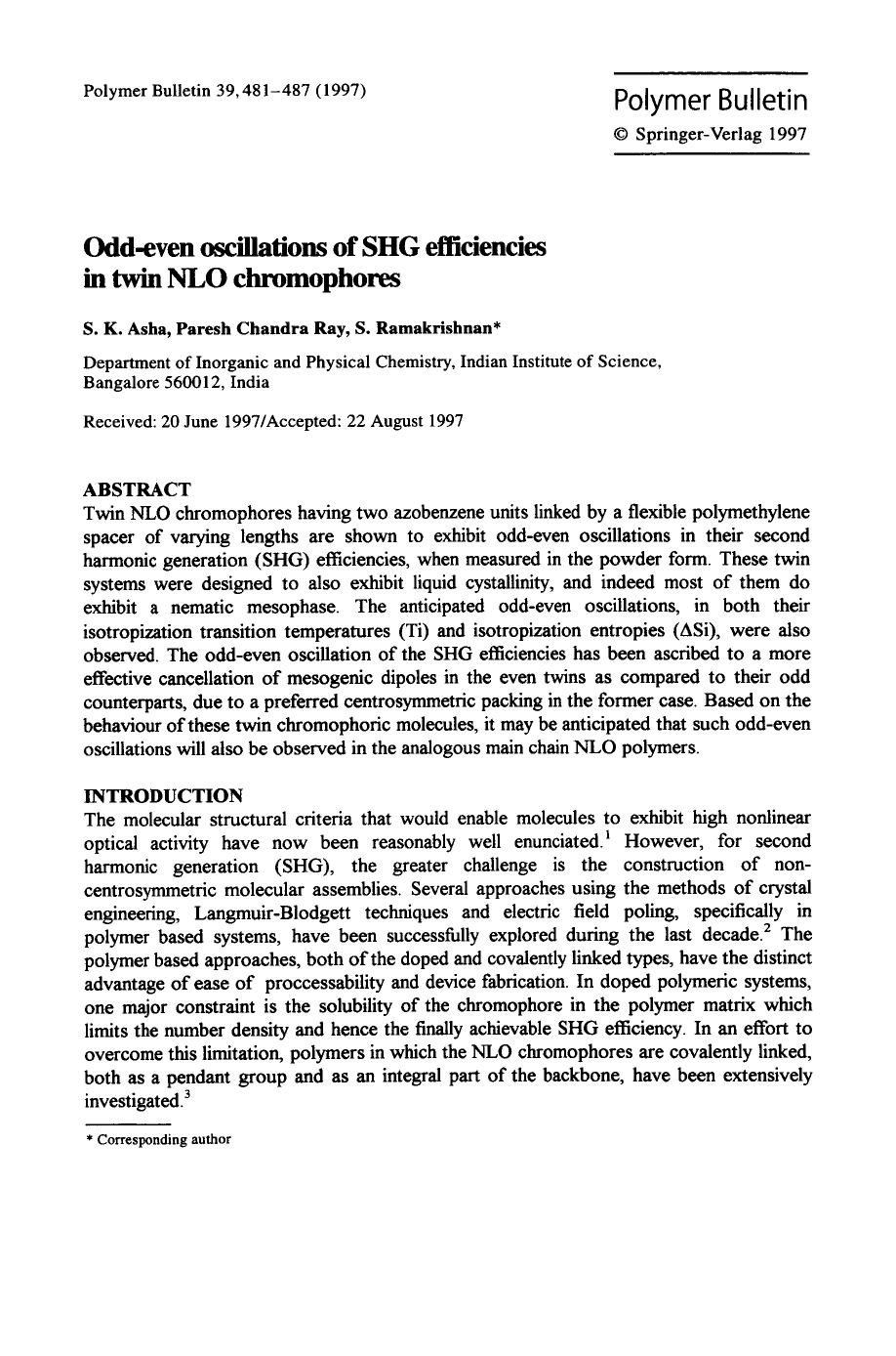 Odd-even oscillations of SHG efficiencies in twin NLO chromophores by Unknown