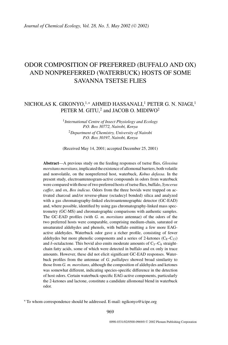 Odor Composition of Preferred (Buffalo and Ox) and Nonpreferred (Waterbuck) Hosts of Some Savanna Tsetse Flies by Unknown