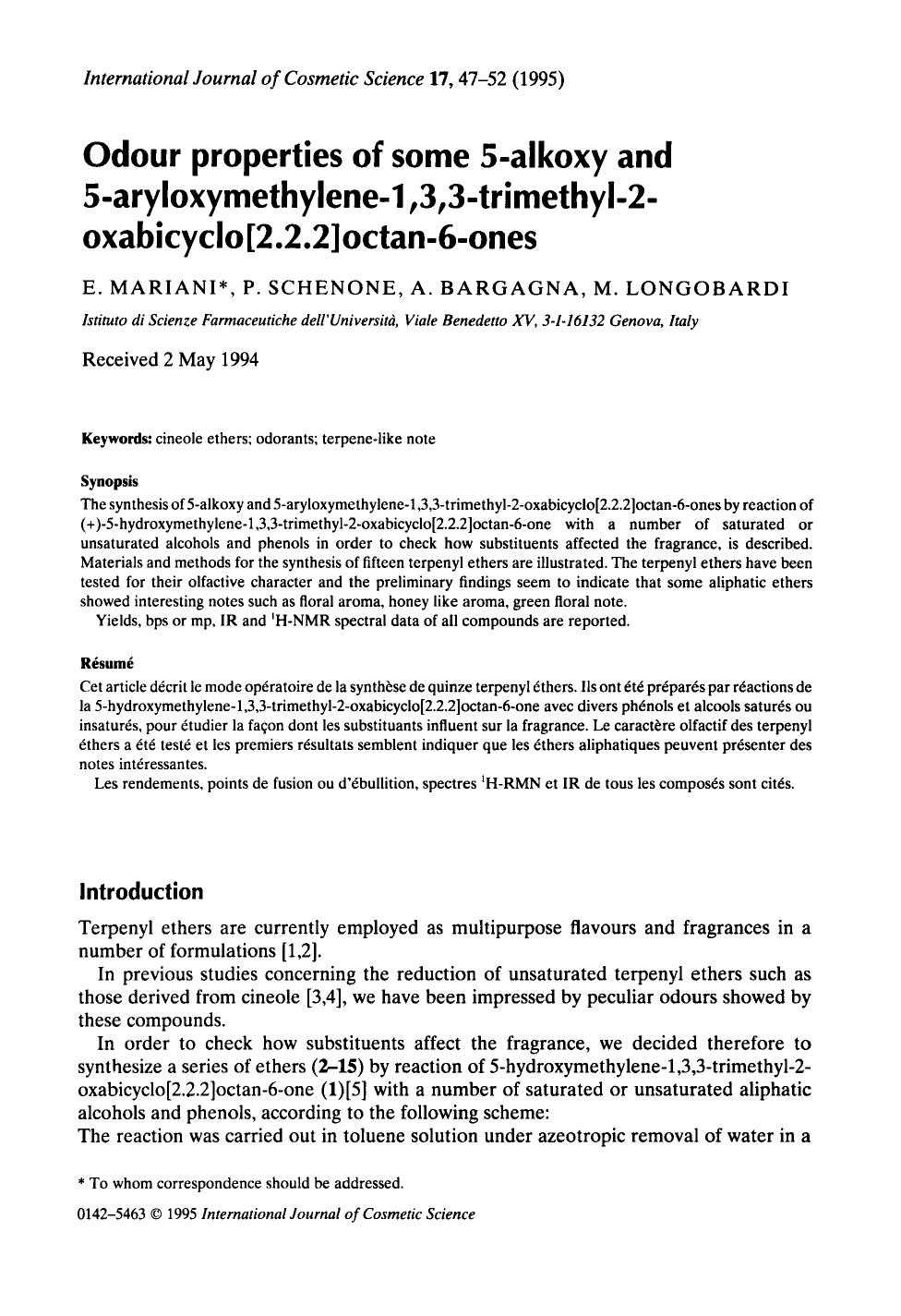 Odour properties of some 5-alkoxy and 5-aryloxymethylene-1,3,3-trimethyl-2-oxabicyclo[2.2.2]octan-6-ones by Unknown