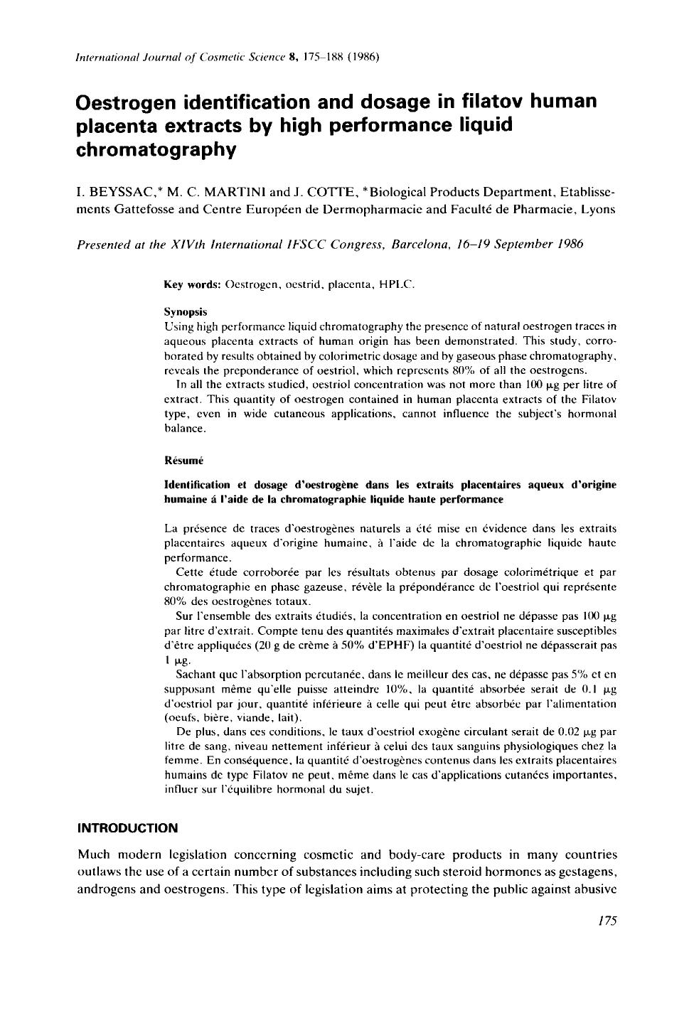 Oestrogen identification and dosage in filatov human placenta extracts by high performance liquid chromatography by Unknown