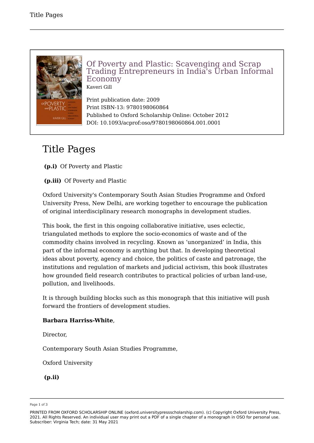 Of Poverty and Plastic: Scavenging and Scrap Trading Entrepreneurs in India's Urban Informal Economy by Kaveri Gill