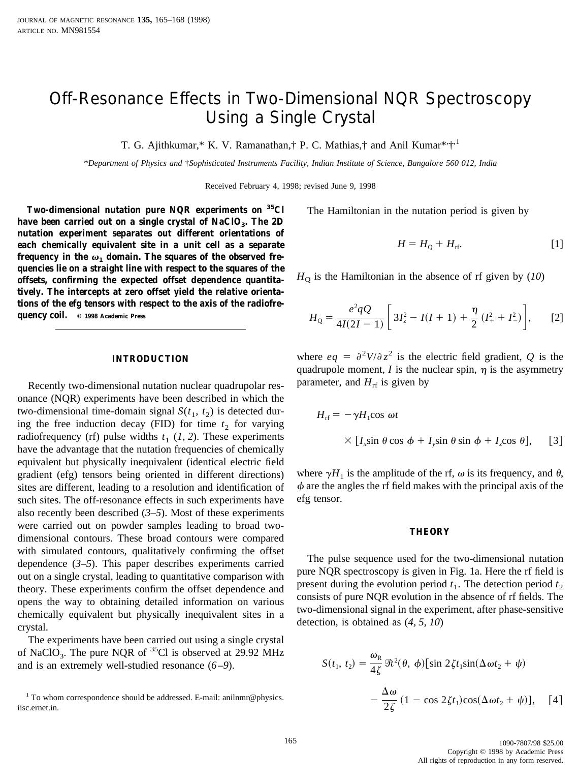 Off-Resonance Effects in Two-Dimensional NQR Spectroscopy Using a Single Crystal by Ajithkumar T. G. et al
