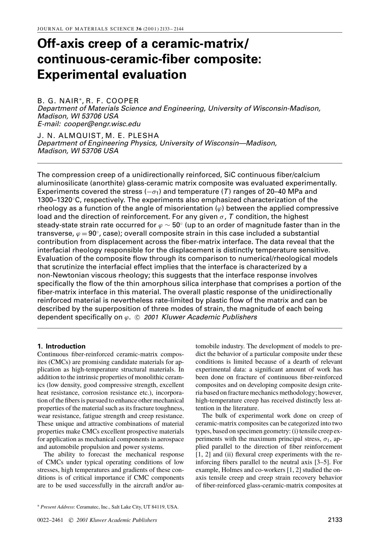 Off-axis creep of a ceramic-matrixcontinuous-ceramic-fiber composite: Experimental evaluation by Unknown