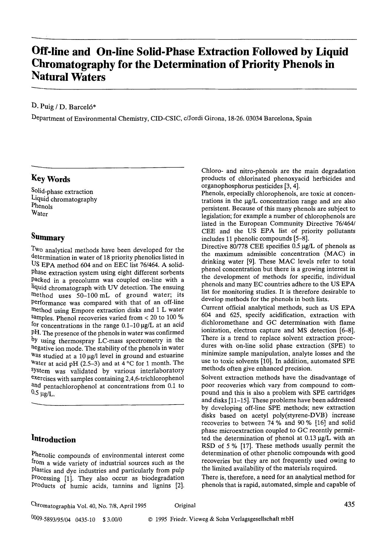 Off-line and on-line solid-phase extraction followed by liquid chromatography for the determination of priority phenols in natural waters by Unknown