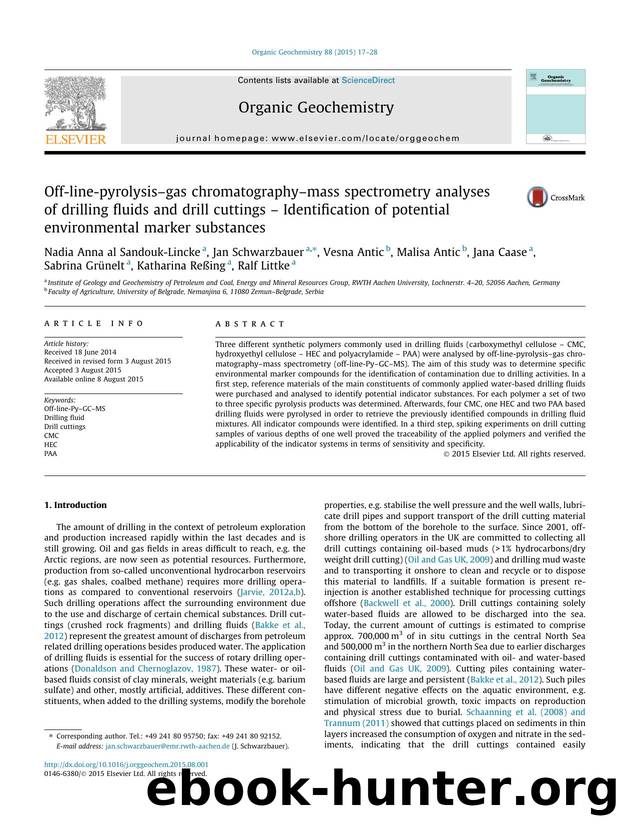 Off-line-pyrolysisâgas chromatographyâmass spectrometry analyses of drilling fluids and drill cuttings â Identification of potential environmental marker substances by unknow