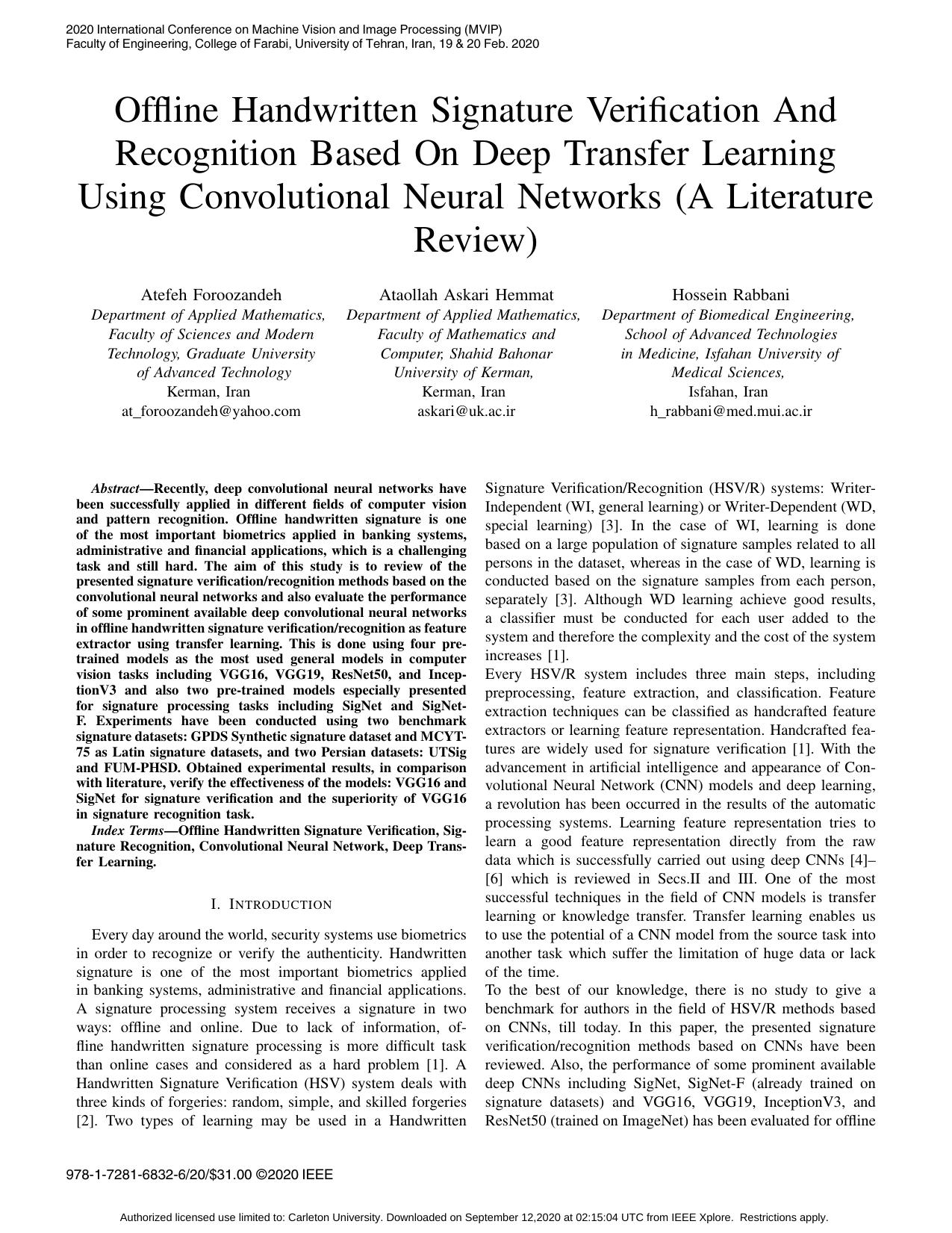Offline Handwritten Signature Verification and Recognition Based on Deep Transfer Learning by Unknown