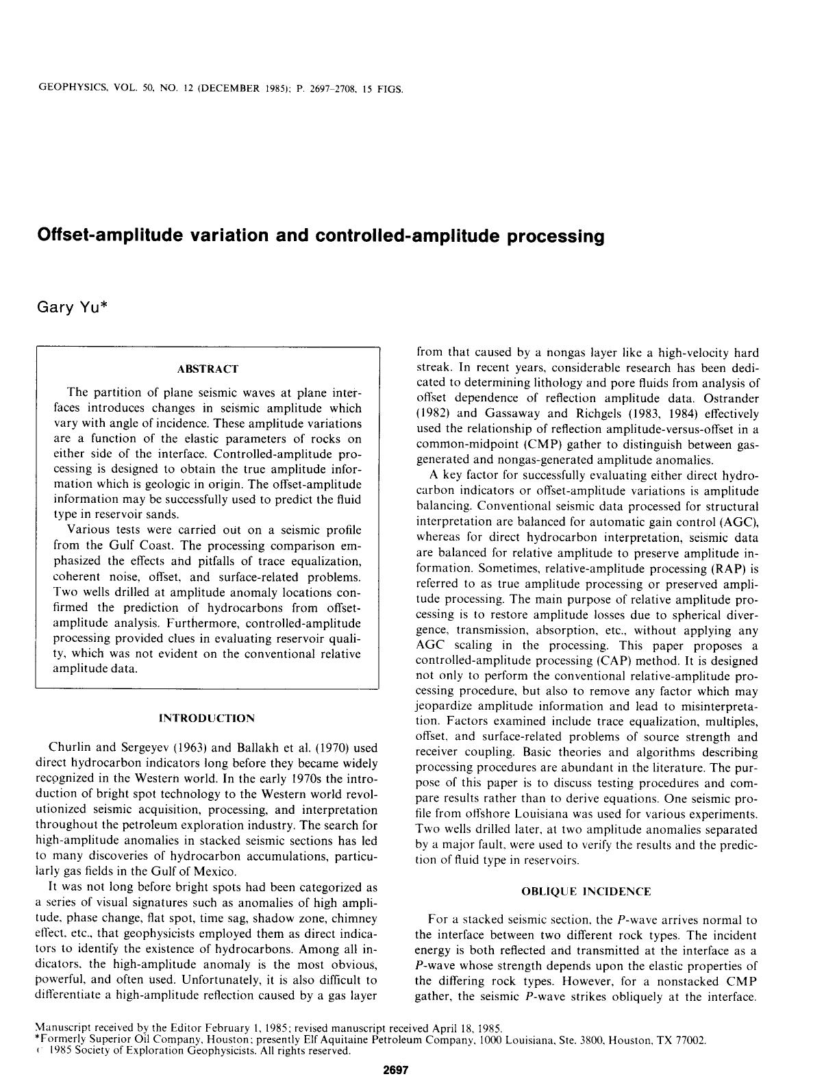 Offset-amplitude variation and controlled-amplitude processing by Yu G