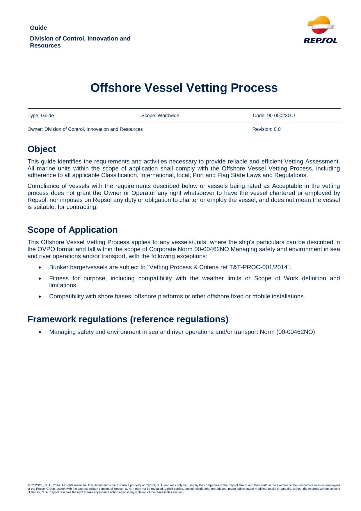Offshore Vessel Vetting Process by Repsol S.A
