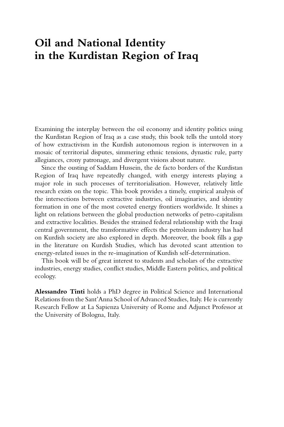 Oil and National Identity in the Kurdistan Region of Iraq: Conflicts at the Frontier of Petro-capitalism by Alessandro Tinti