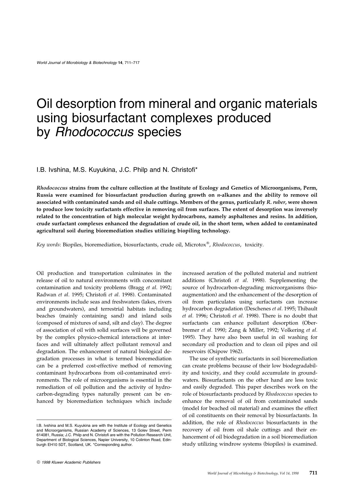 Oil desorption from mineral and organic materials using biosurfactant complexes produced by Rhodococcus species by Unknown