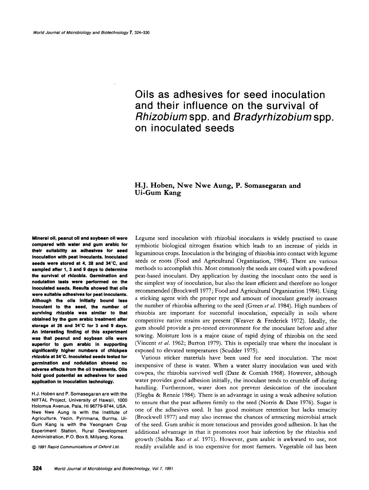 Oils as adhesives for seed inoculation and their influence on the survival of <Emphasis Type="Italic">Rhizobium<Emphasis> spp. and <Emphasis Type="Italic">Bradyrhizobium<Emphasis> by Unknown
