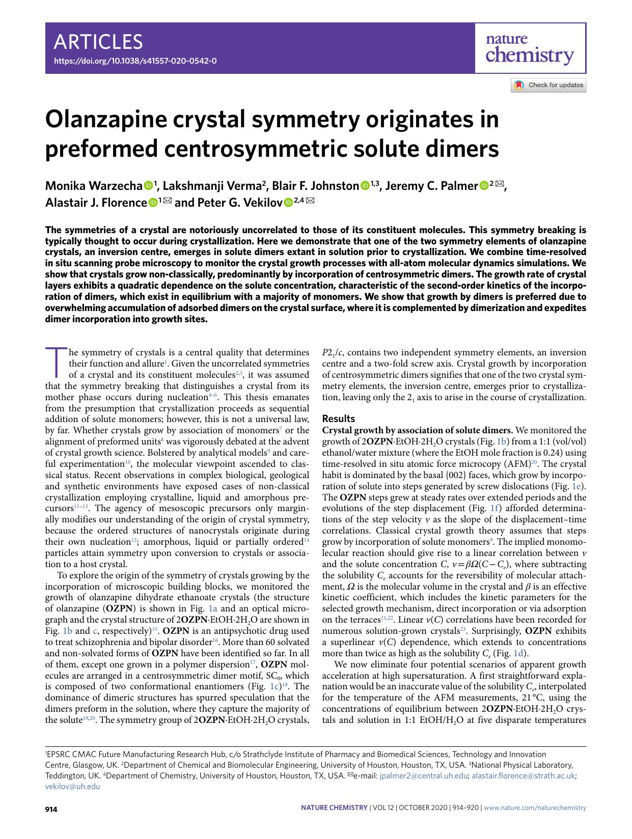 Olanzapine crystal symmetry originates in preformed centrosymmetric solute dimers by unknow