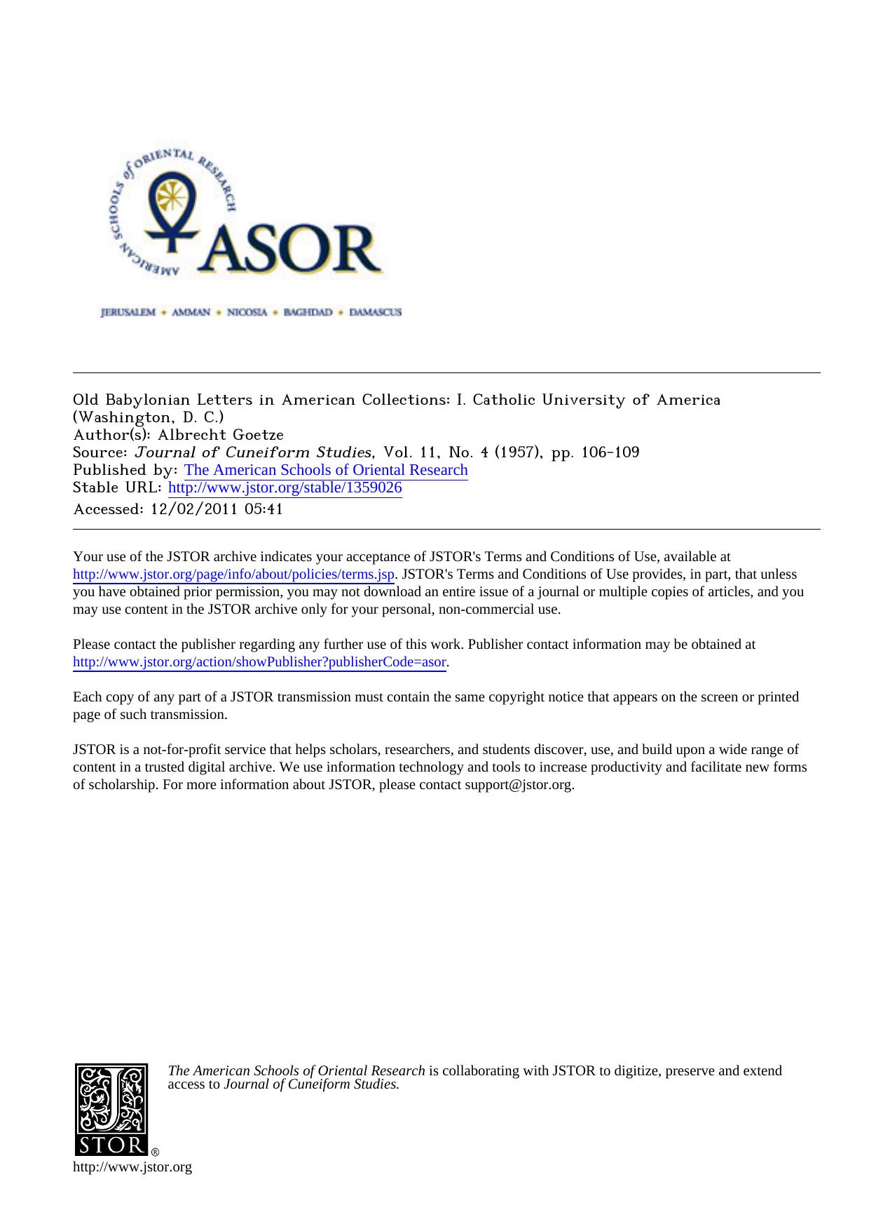 Old Babylonian Letters in American Collections I. Catholic University of America by Unknown