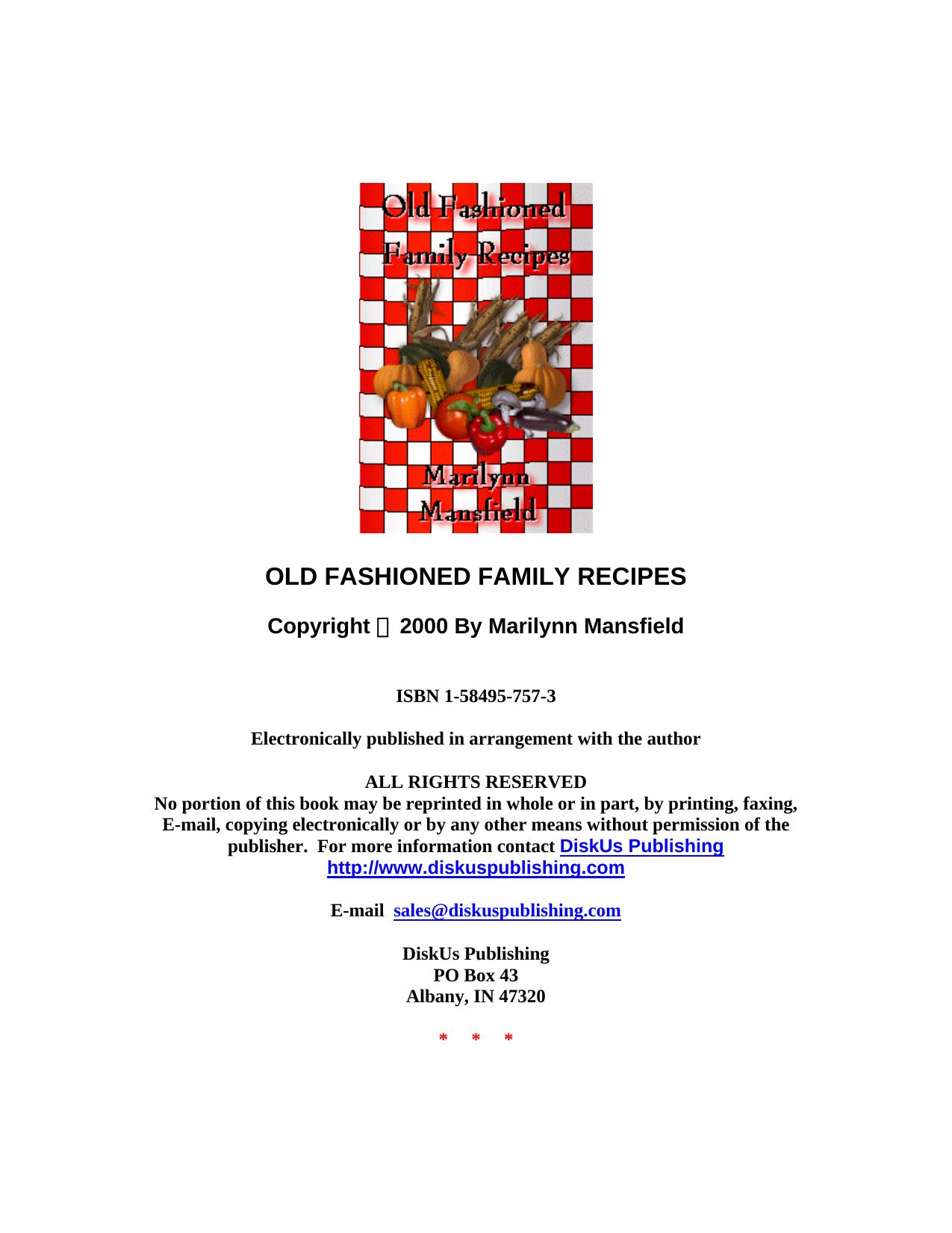 Old Fashioned Family Recipes by Mansfield Marilynn