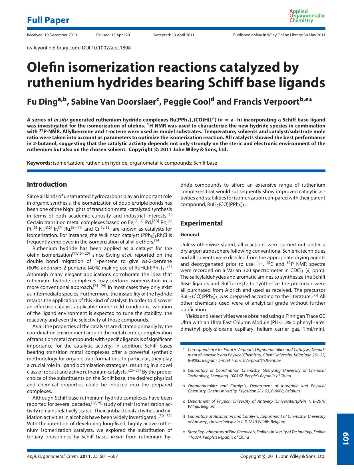 Olefin isomerization reactions catalyzed by ruthenium hydrides bearing Schiff base ligands by Unknown