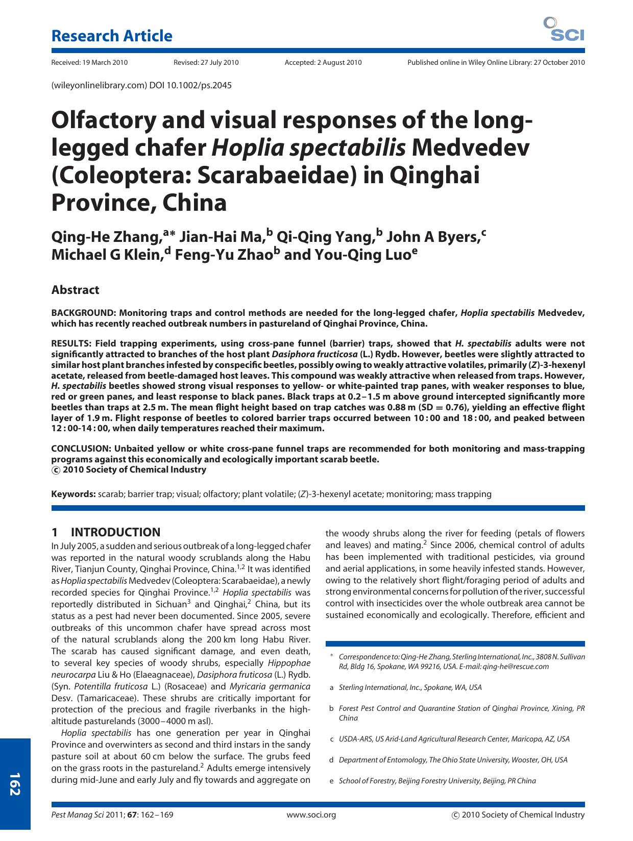 Olfactory and visual responses of the longlegged chafer Hoplia spectabilis Medvedev (Coleoptera: Scarabaeidae) in Qinghai Province, China by Unknown