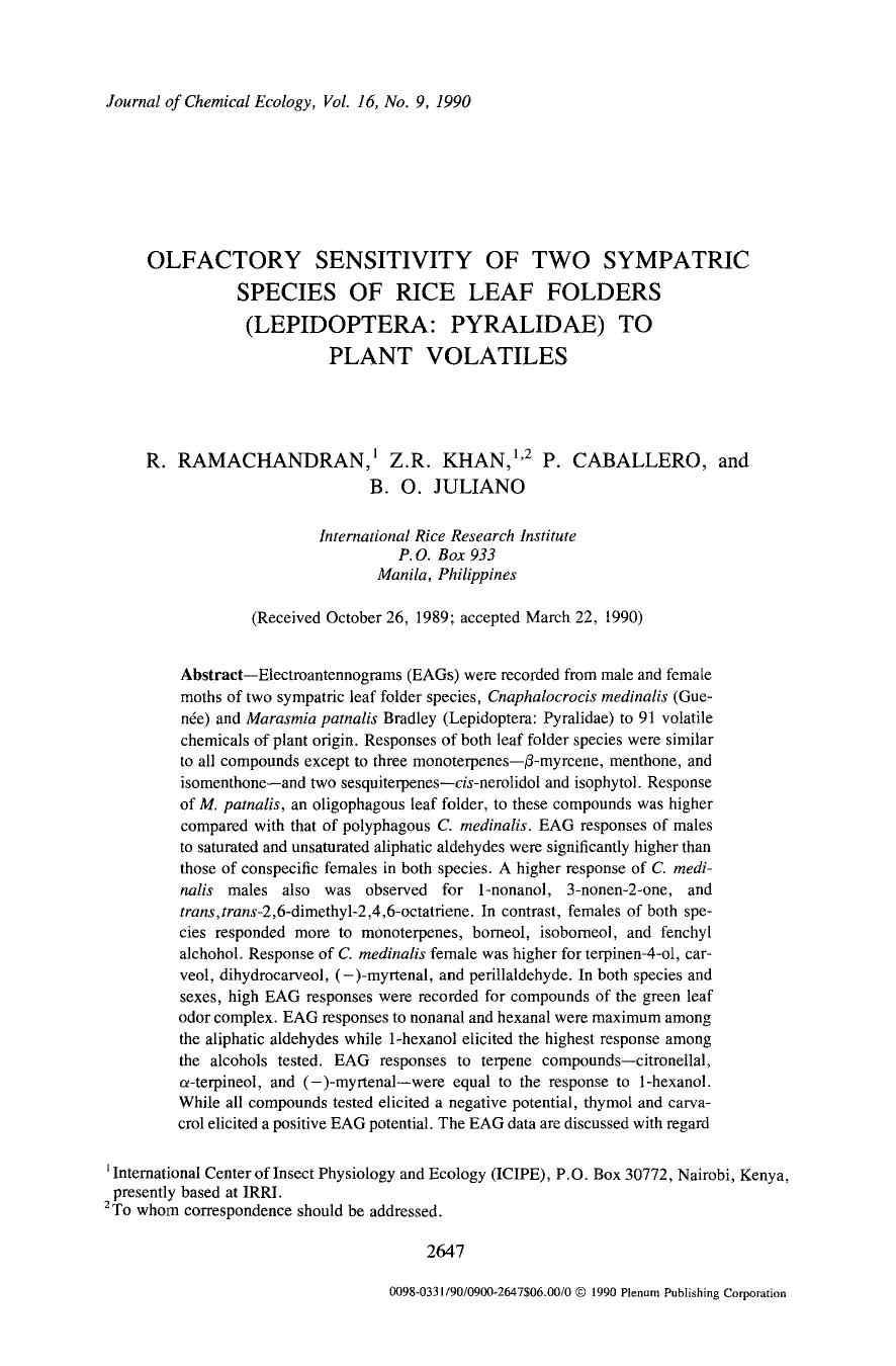 Olfactory sensitivity of two sympatric species of rice leaf folders (Lepidoptera: Pyralidae) to plant volatiles by Unknown