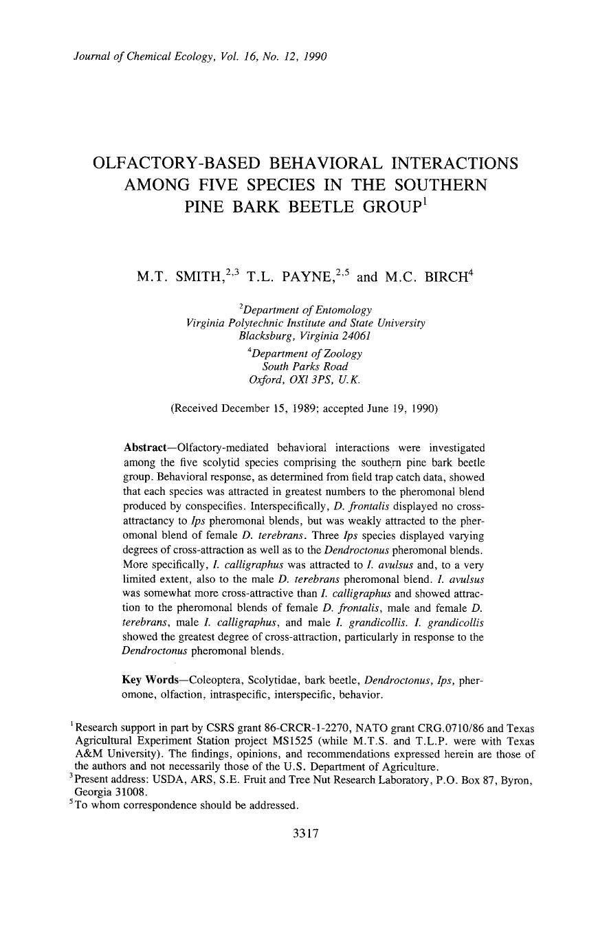 Olfactory-based behavioral interactions among five species in the southern pine bark beetle group by Unknown