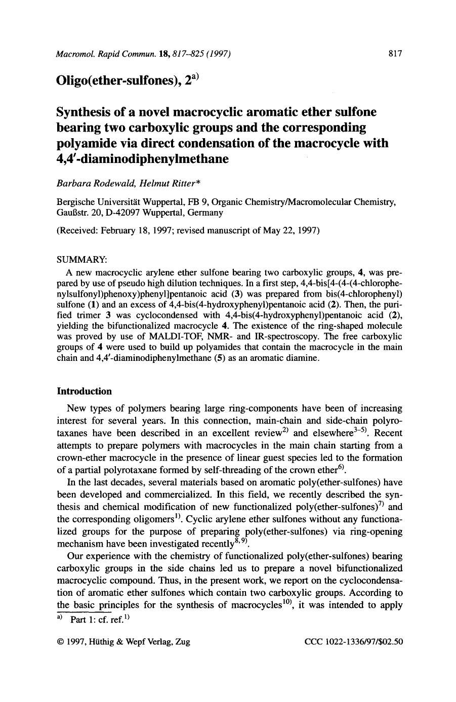Oligo(ether-sulfones), 2. Synthesis of a novel macrocyclic aromatic ether sulfone bearing two carboxylic groups and the corresponding polyamide via direct condensation of the macro by Unknown