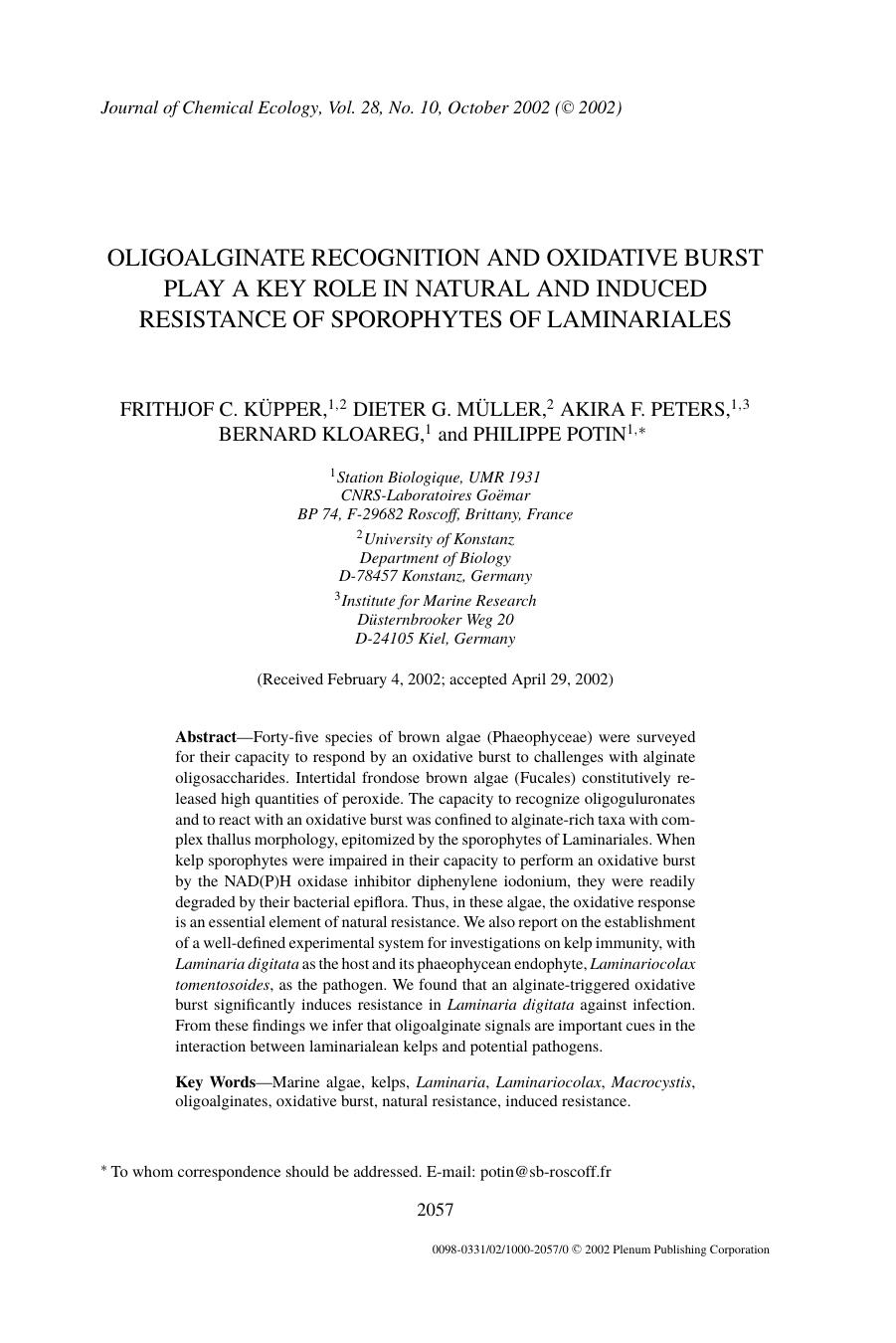 Oligoalginate Recognition and Oxidative Burst Play a Key Role in Natural and Induced Resistance of Sporophytes of Laminariales by Unknown