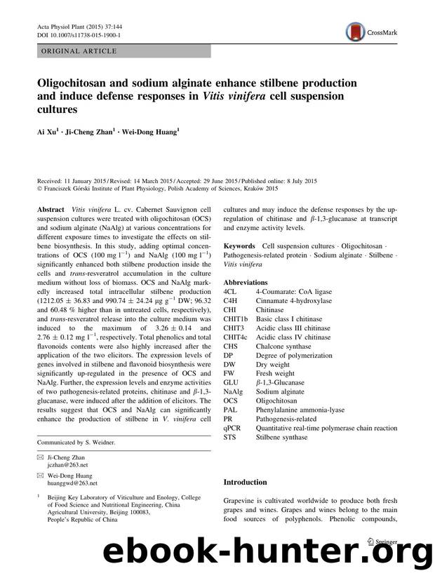 Oligochitosan and sodium alginate enhance stilbene production and induce defense responses in Vitis vinifera cell suspension cultures by Ai Xu & Ji-Cheng Zhan & Wei-Dong Huang