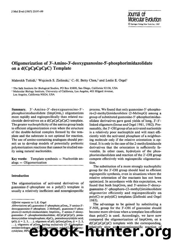 Oligomerization of 3′-amino-3′-deoxyguanosine-5′-phosphorimidazolidate on a d(CpCpCpCpC) template by Unknown