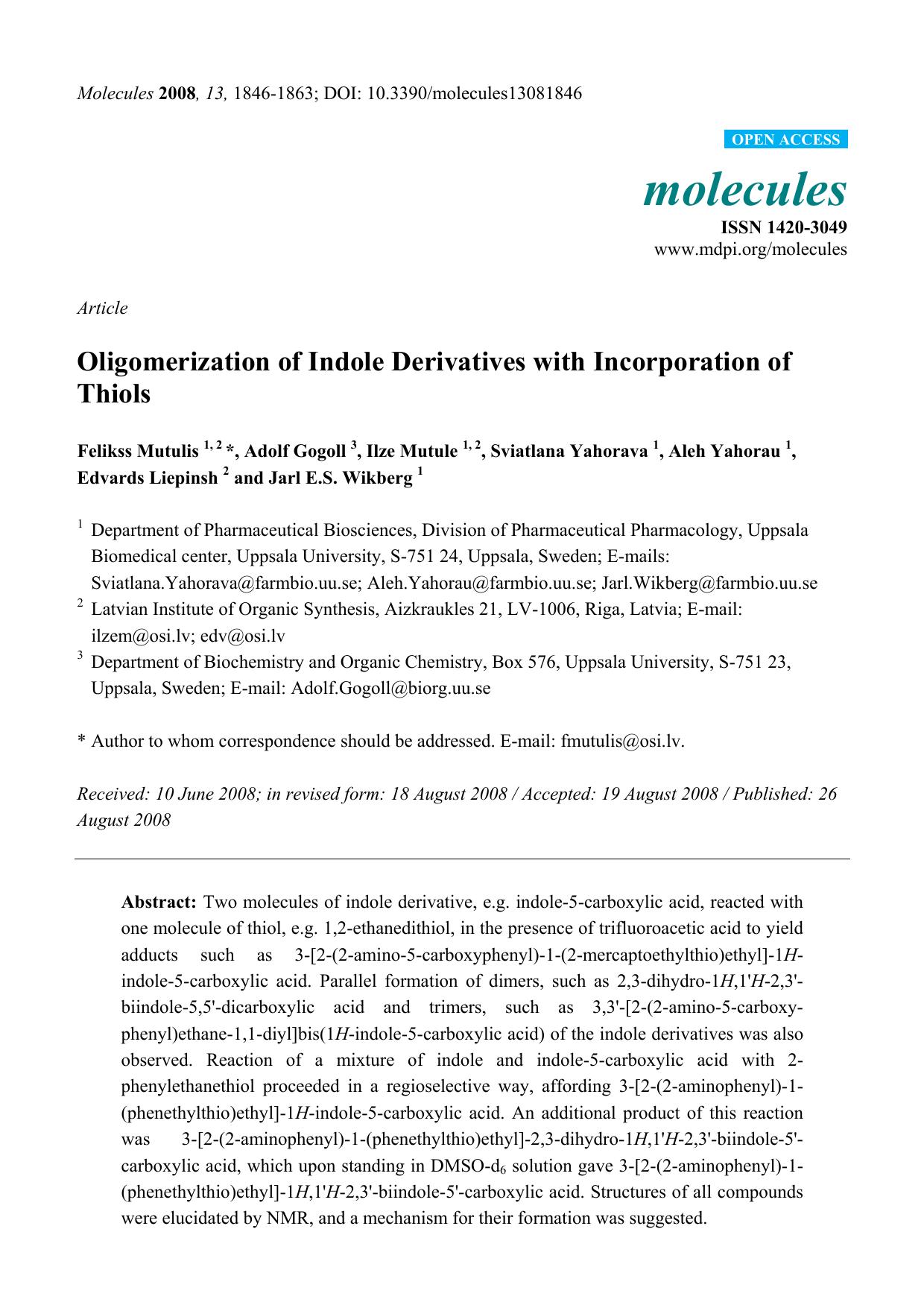 Oligomerization of Indole Derivatives with Incorporation of Thiols by unknow
