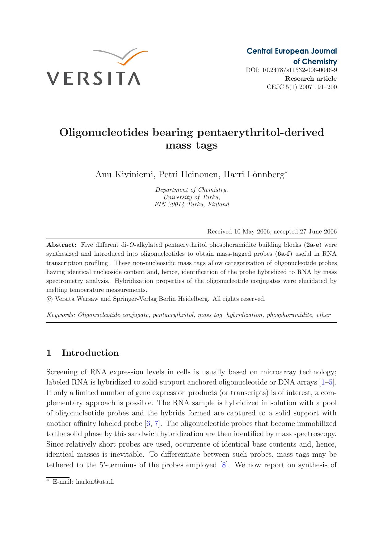 Oligonucleotides bearing pentaerythritol-derived mass tags by Unknown