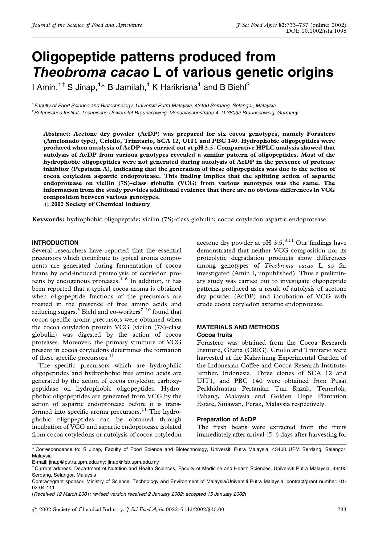 Oligopeptide patterns produced from Theobroma cacao L of various genetic origins by Unknown