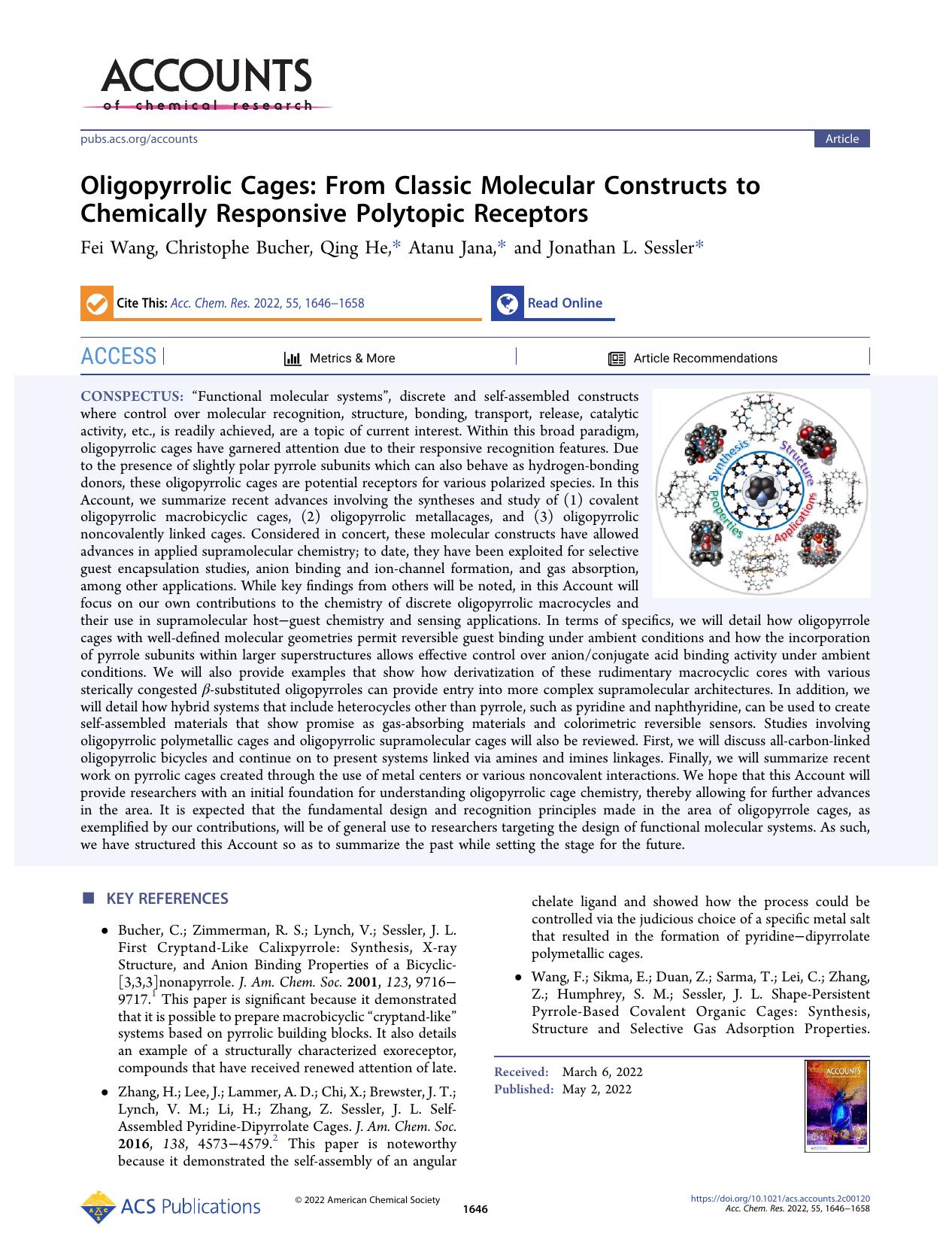 Oligopyrrolic Cages: From Classic Molecular Constructs to Chemically Responsive Polytopic Receptors by Fei Wang Christophe Bucher Qing He Atanu Jana and Jonathan L. Sessler