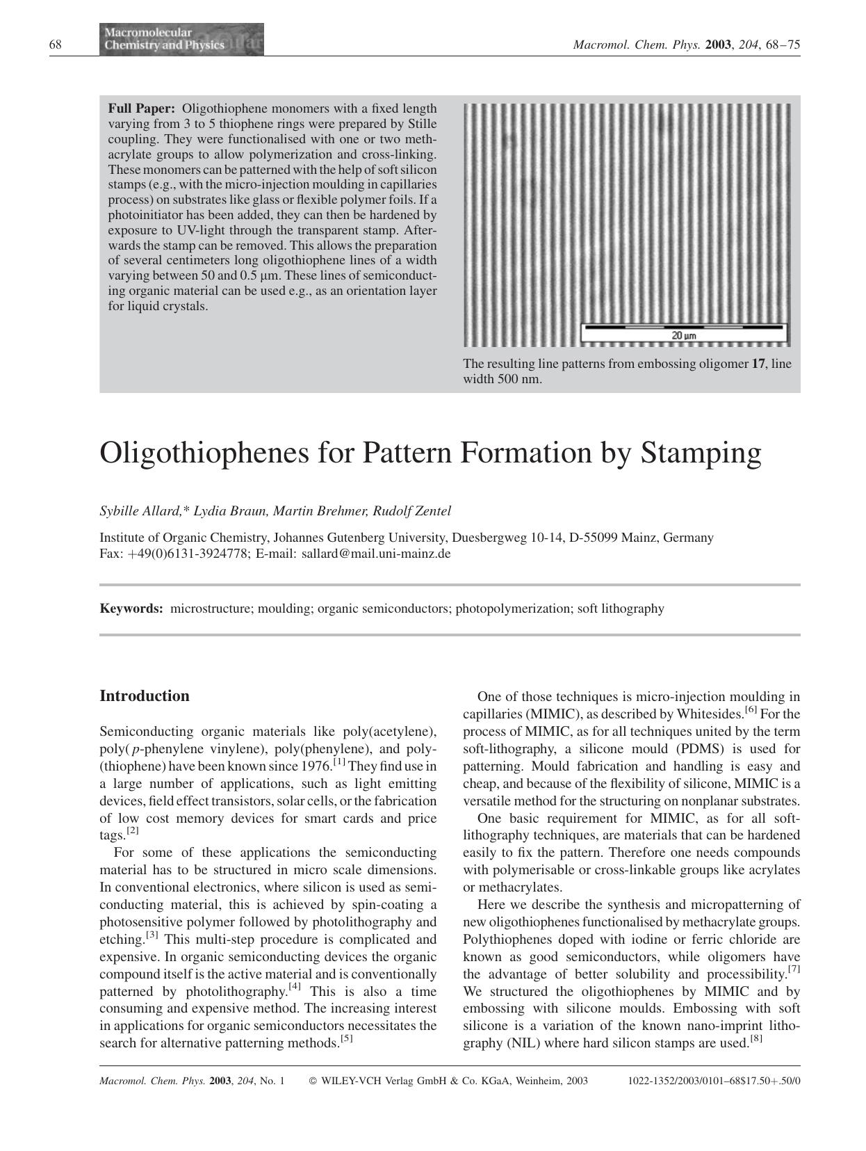 Oligothiophenes for Pattern Formation by Stamping by Unknown