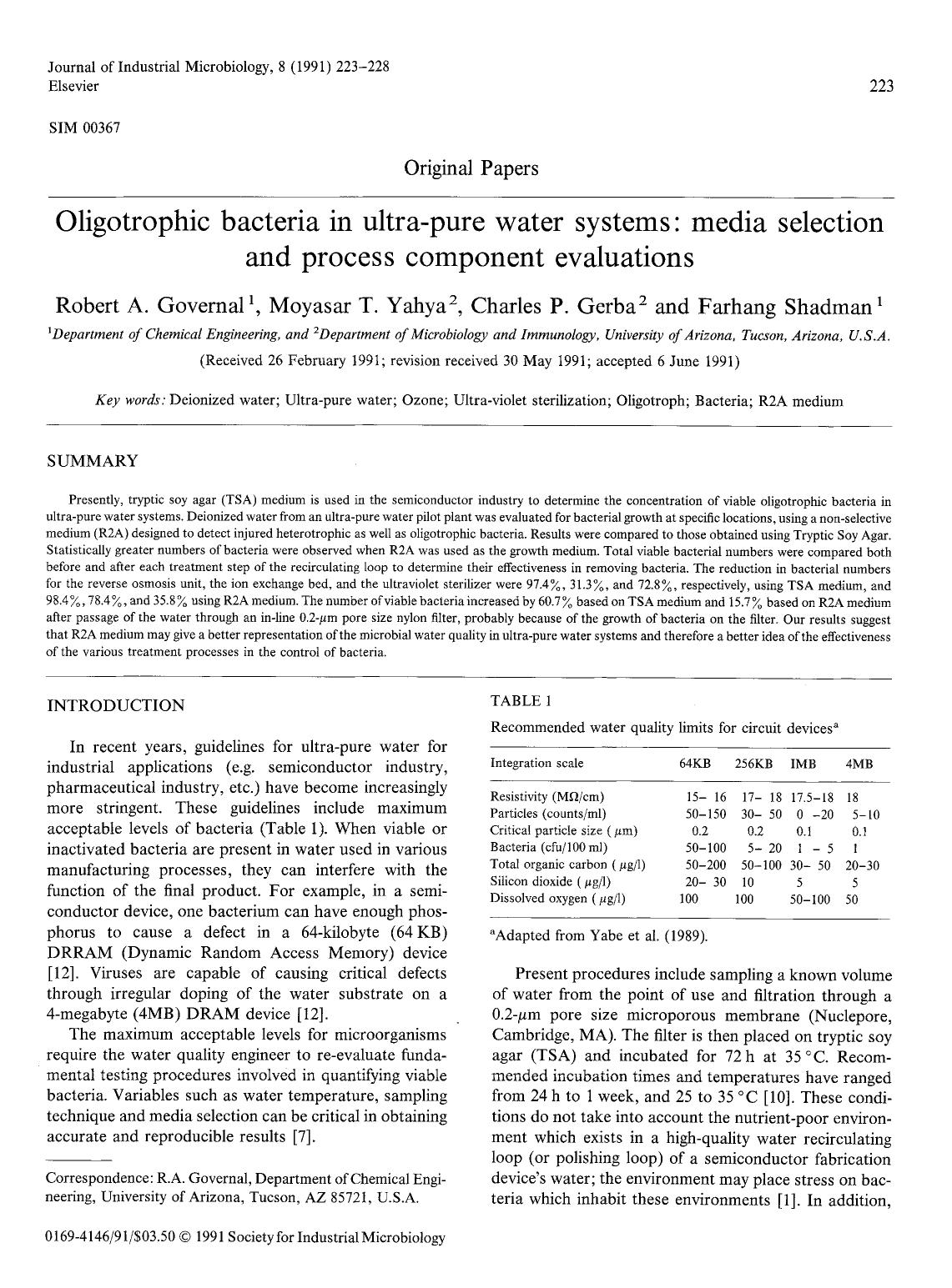 Oligotrophic bacteria in ultra-pure water systems: Media selection and process component evaluations by Unknown