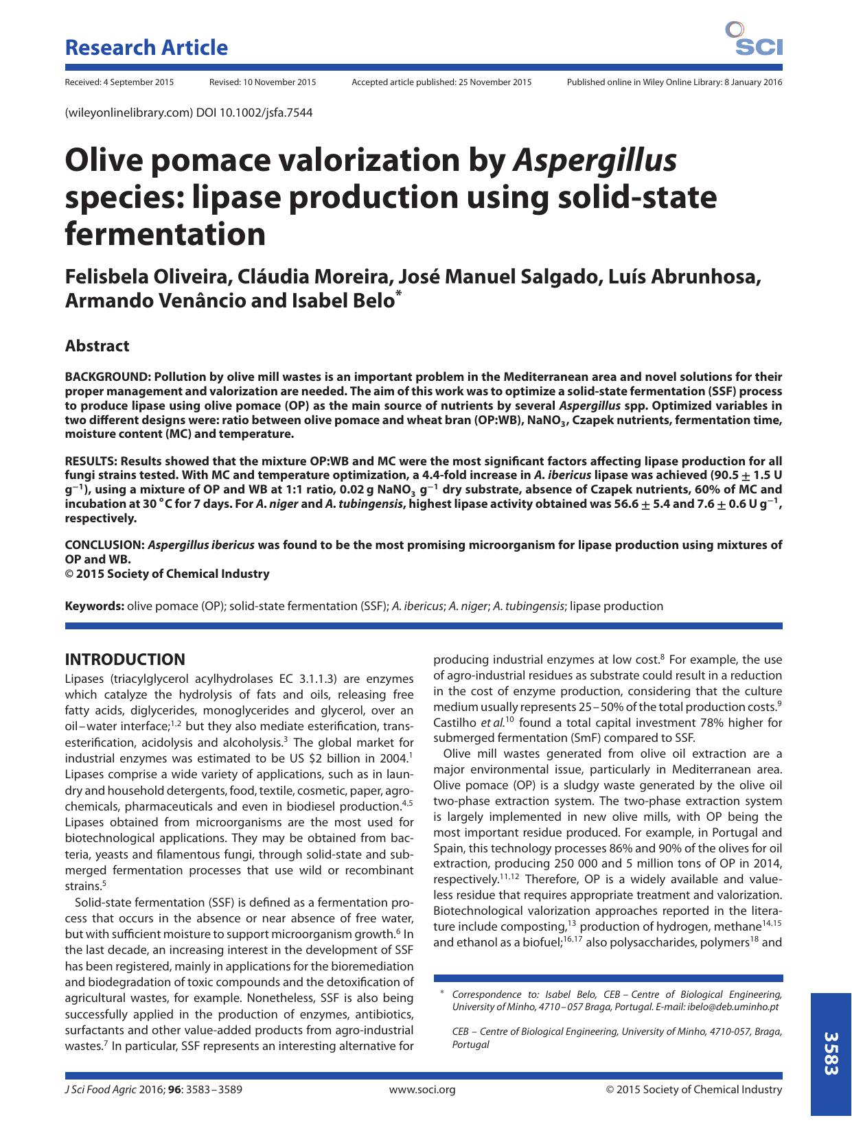 Olive pomace valorization by Aspergillus species: lipase production using solid-state fermentation by Unknown