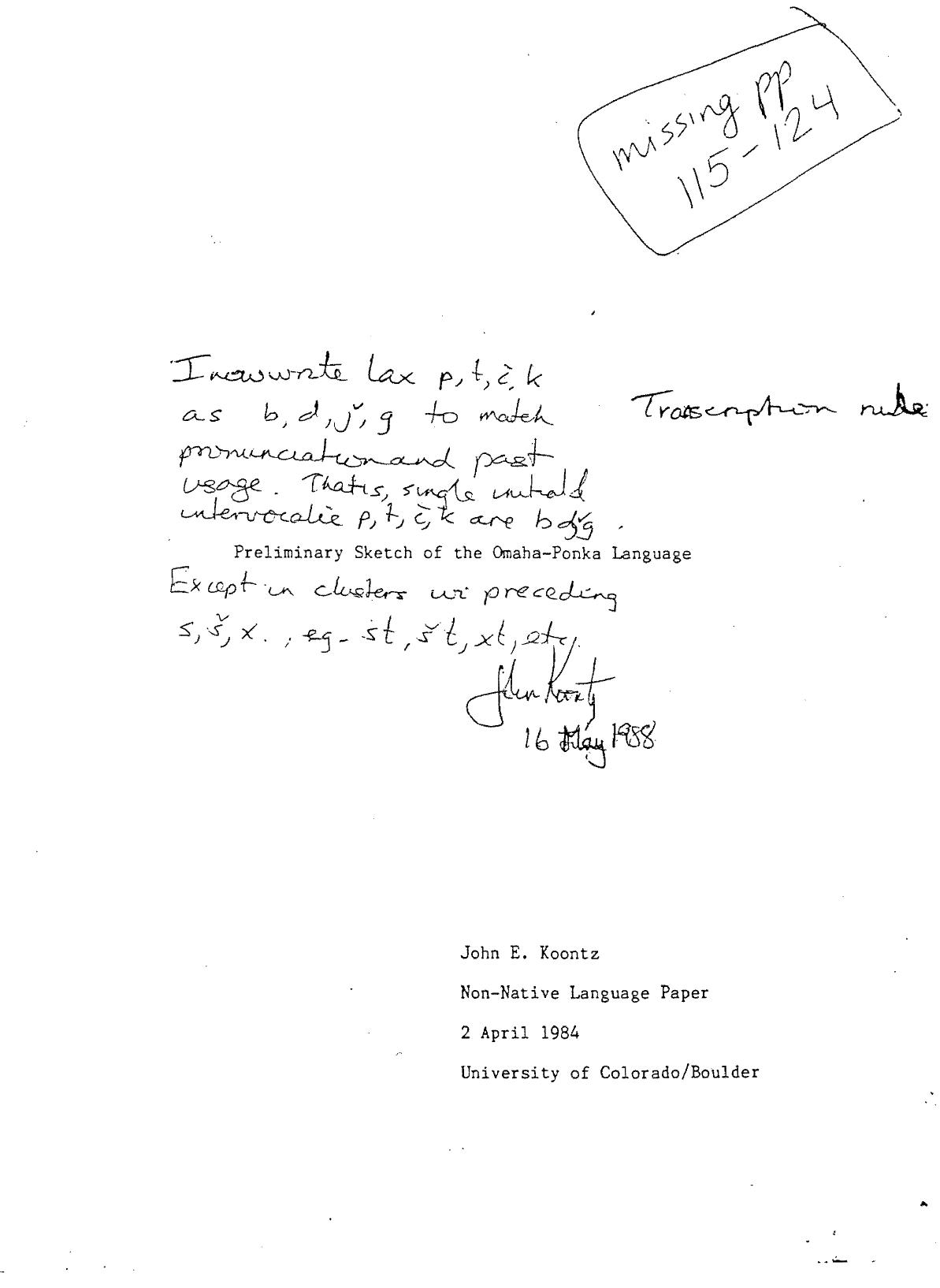 Omaha-Ponca; Preliminary Sketch of the Omaha-Ponka Language (Koontz) by Unknown