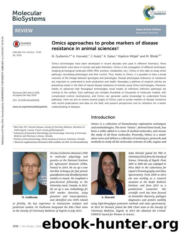 Omics approaches to probe markers of disease resistance in animal sciences by N. Guillemin & A. Horvati&&#x107; & J. Kule&&#x161; & A. Galan & Vladimir Mrljak & M. Bhide