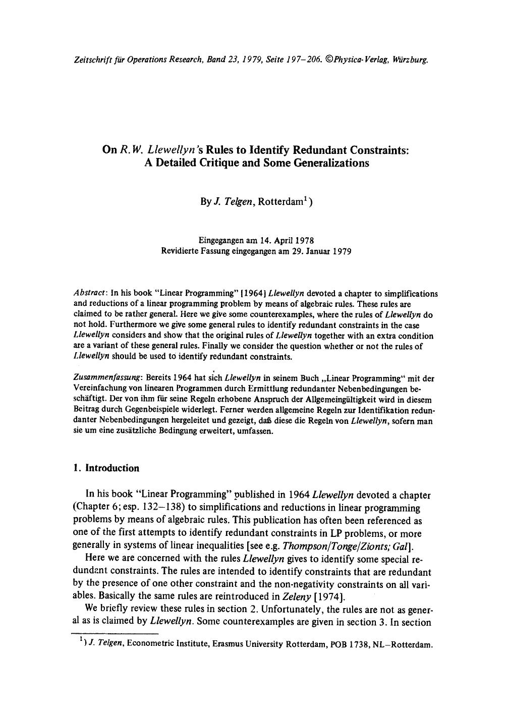 On <Emphasis Type="Italic">R.W. Llewellyn <Emphasis>'s rules to identify redundant constraints: A detailed critique and some generalizations by Unknown