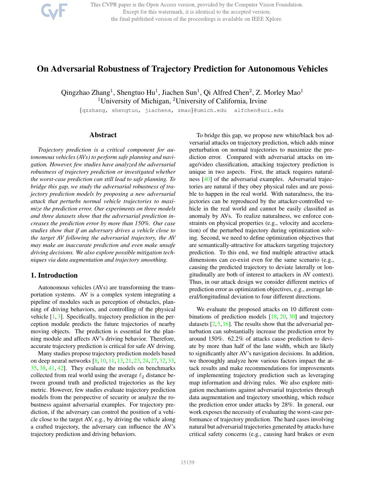 On Adversarial Robustness of Trajectory Prediction for Autonomous Vehicles by Qingzhao Zhang & Shengtuo Hu & Jiachen Sun & Qi Alfred Chen & Z. Morley Mao