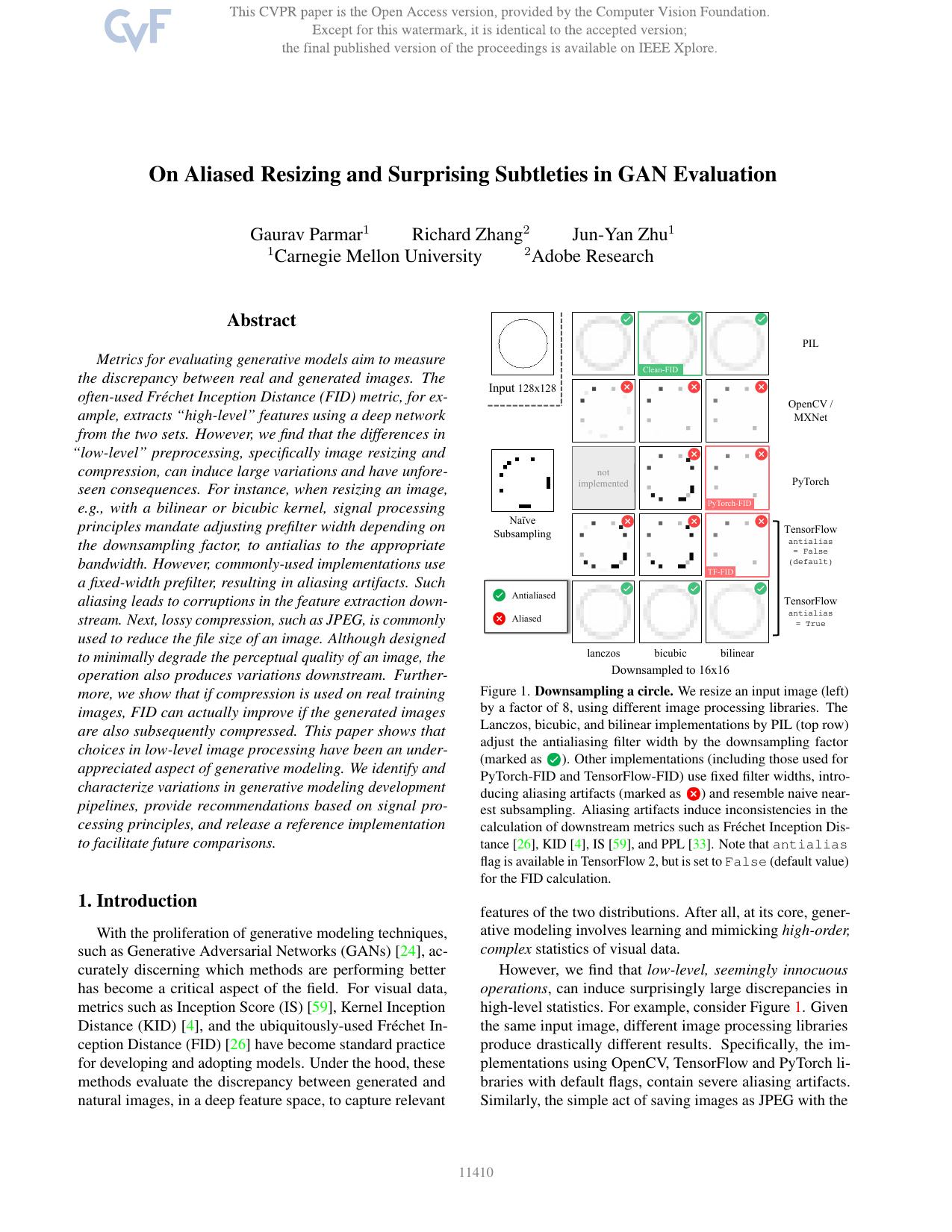 On Aliased Resizing and Surprising Subtleties in GAN Evaluation by Gaurav Parmar & Richard Zhang & Jun-Yan Zhu