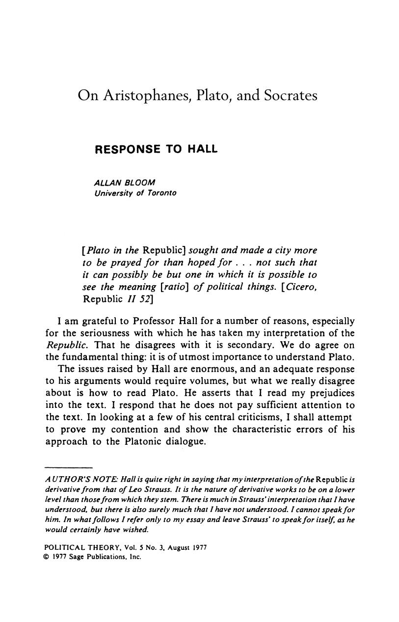 On Aristophanes, Plato, and Sokrates by Allan Bloom