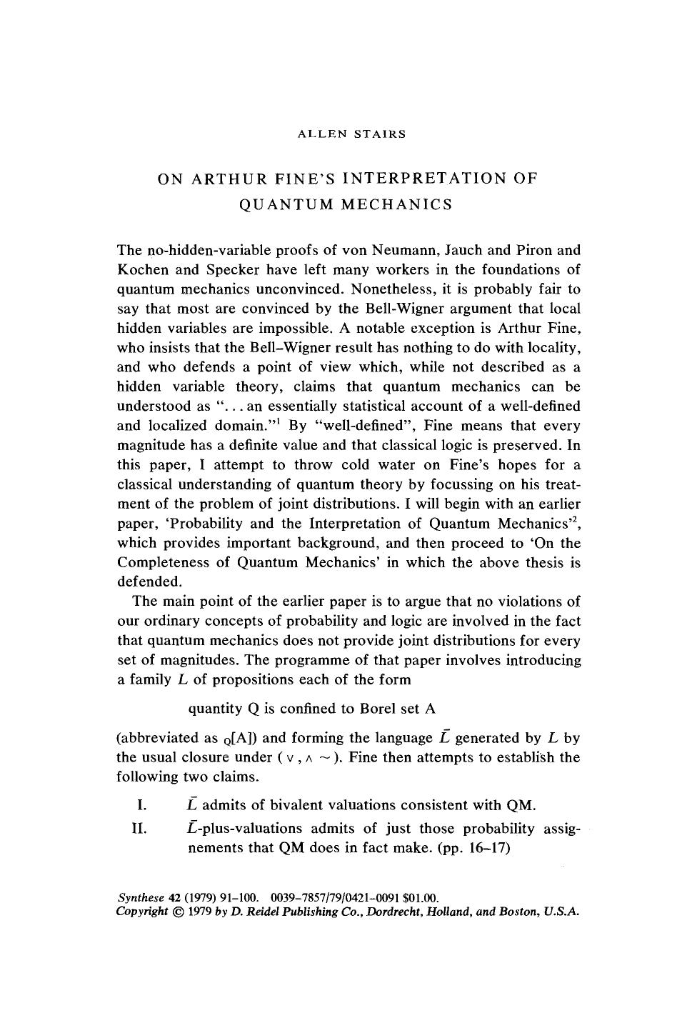 On Arthur Fine's interpretation of quantum mechanics by Unknown