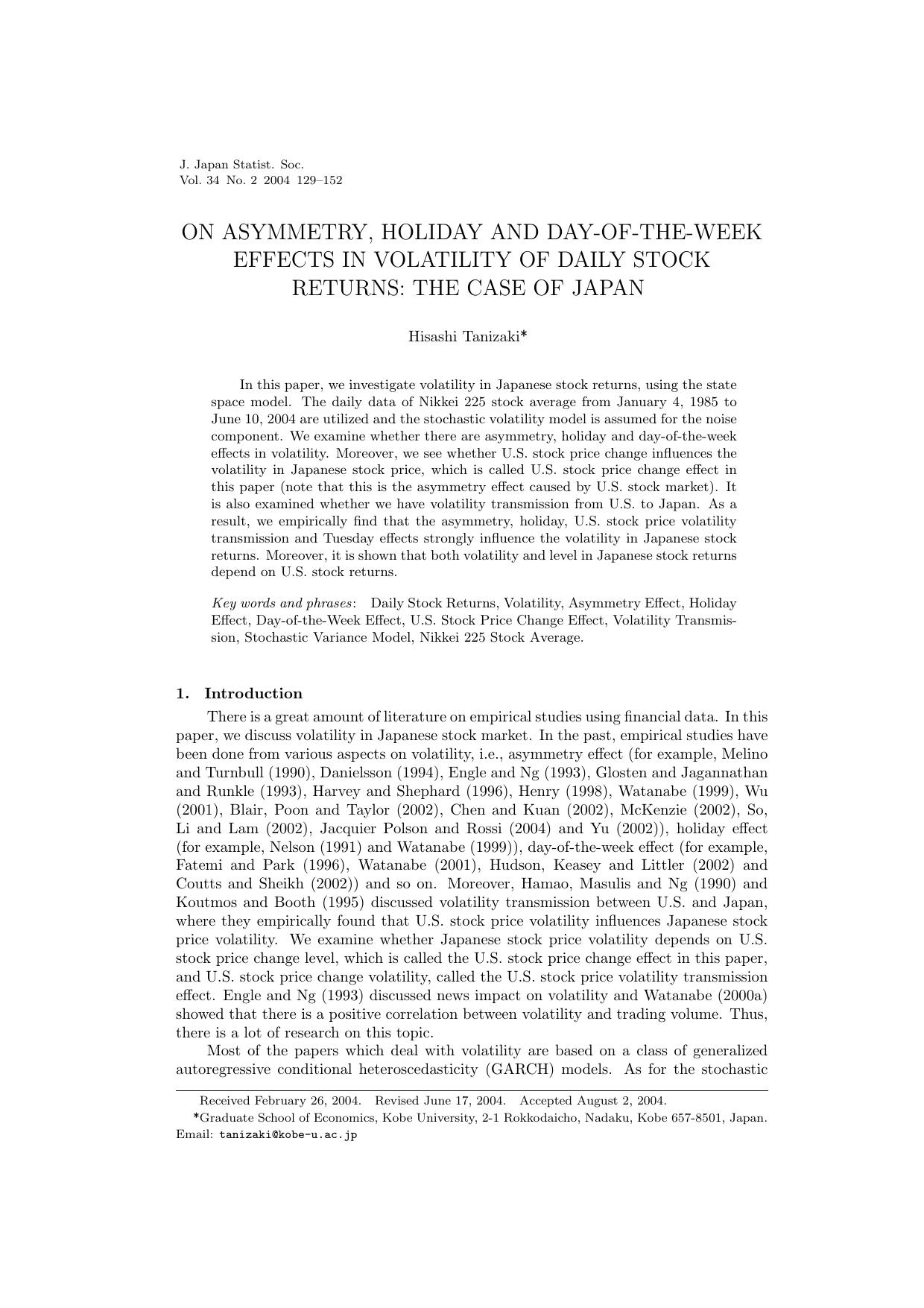 On Asymmetry, Holiday and Day-of-the-week Effects in Volatility of Daily Stock Returns: the Case of Japan by Tanizaki H