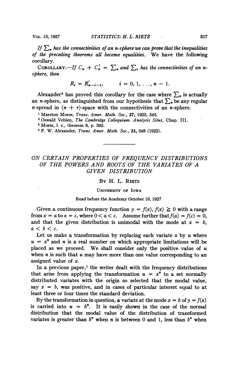 On Certain Properties of Frequency Distributions of the Powers and Roots of the Variates of a Given Distribution by Rietz H.L