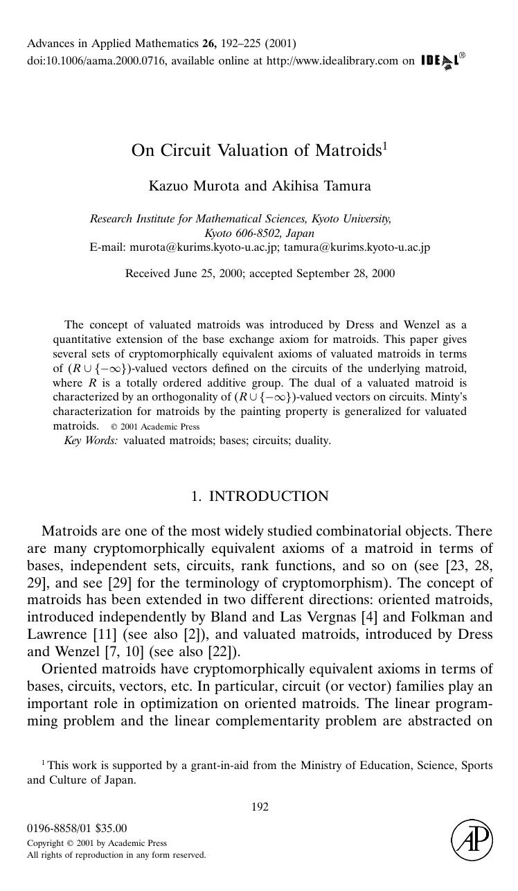 On Circuit Valuation of Matroids by Murota K. et al
